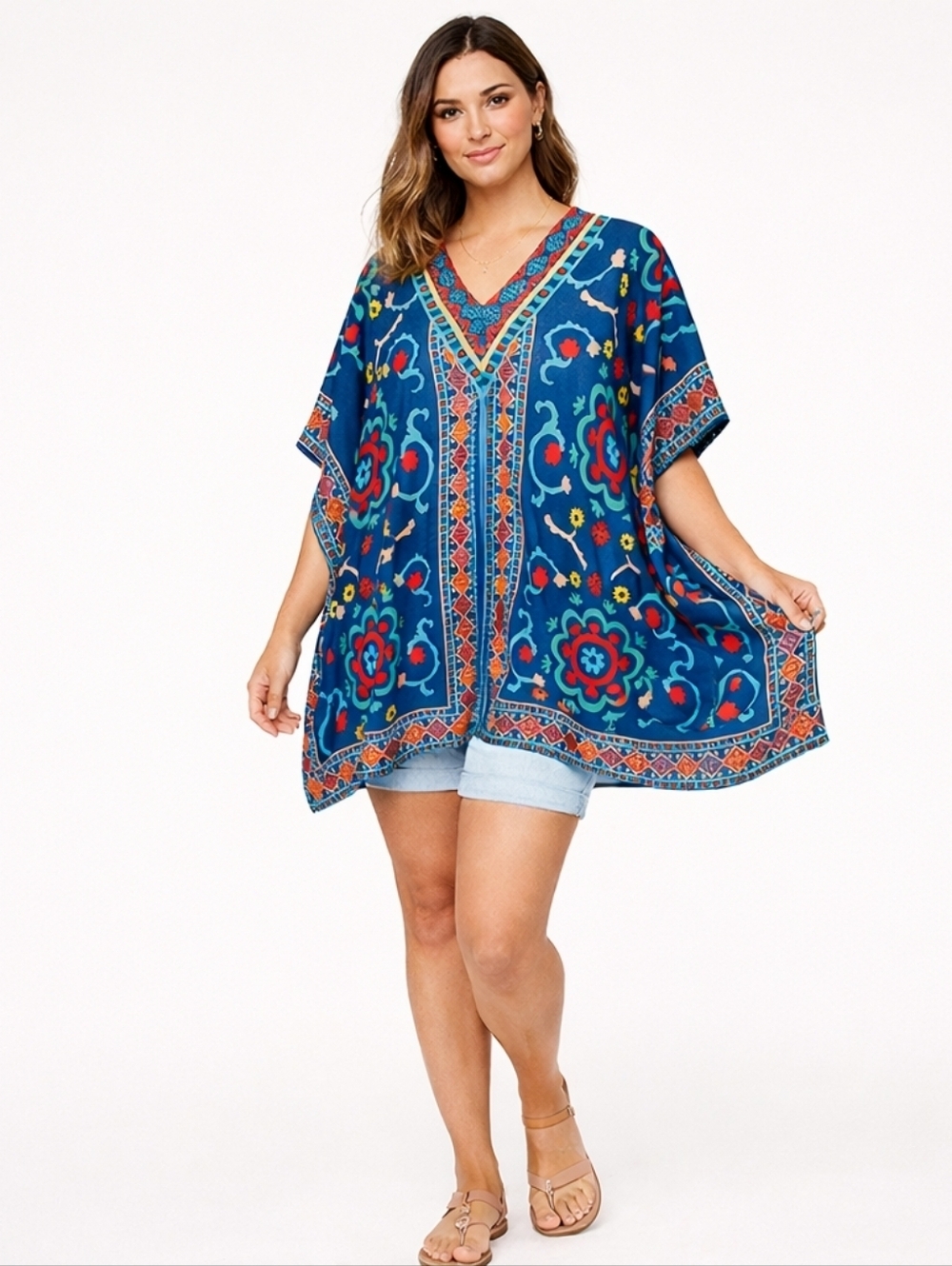 Flying Tomato Boho Caftan Tunic Top S M Navy Floral Oversized Dolman Resort